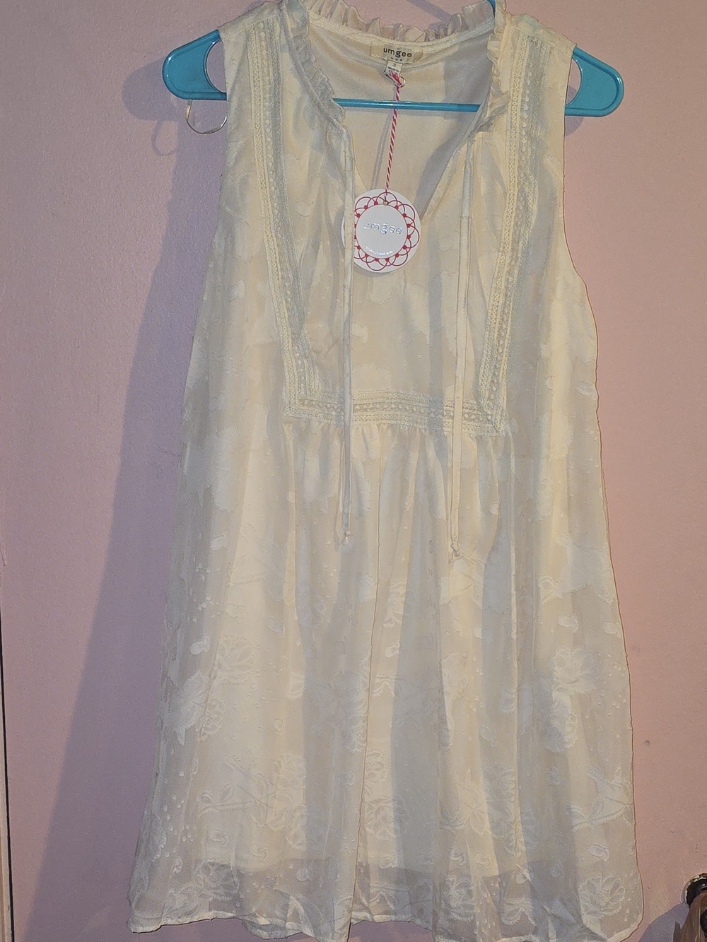 NWT Umgee Boho Ivory Floral Lace Overlay Ruffle Neck Sleeveless Dress Small
